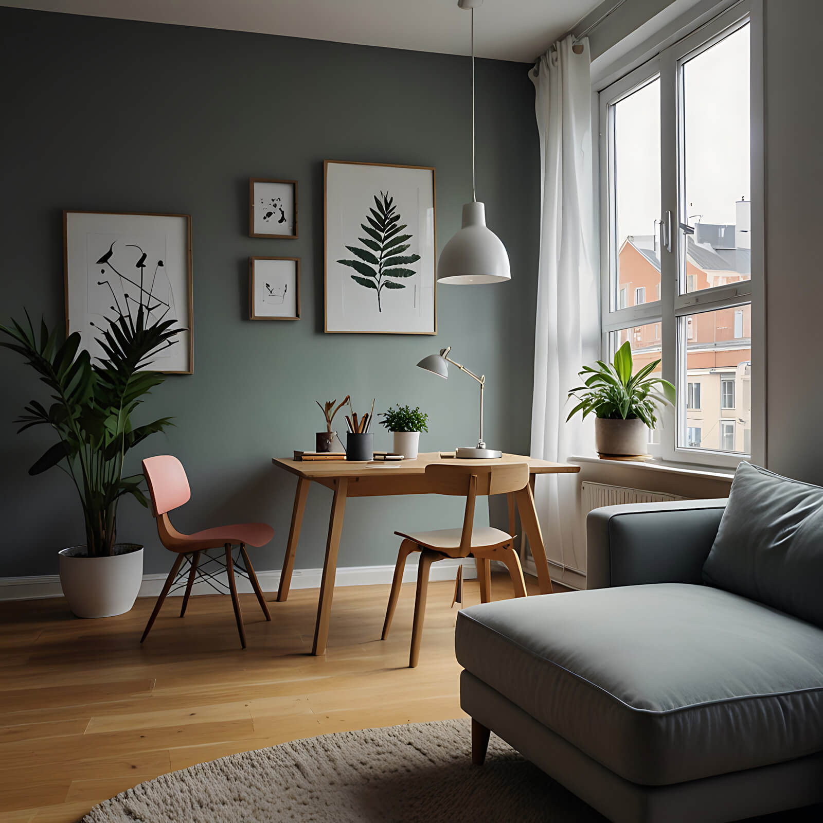 Wohnzimmer mit Sofa und Schreibtisch