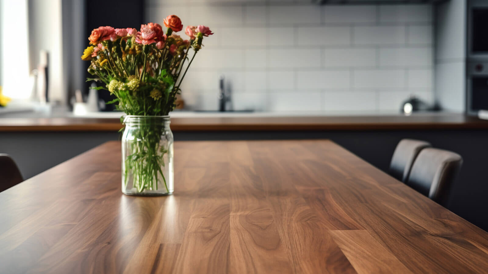 Vase mit Blumen auf einem Tisch aus Holz